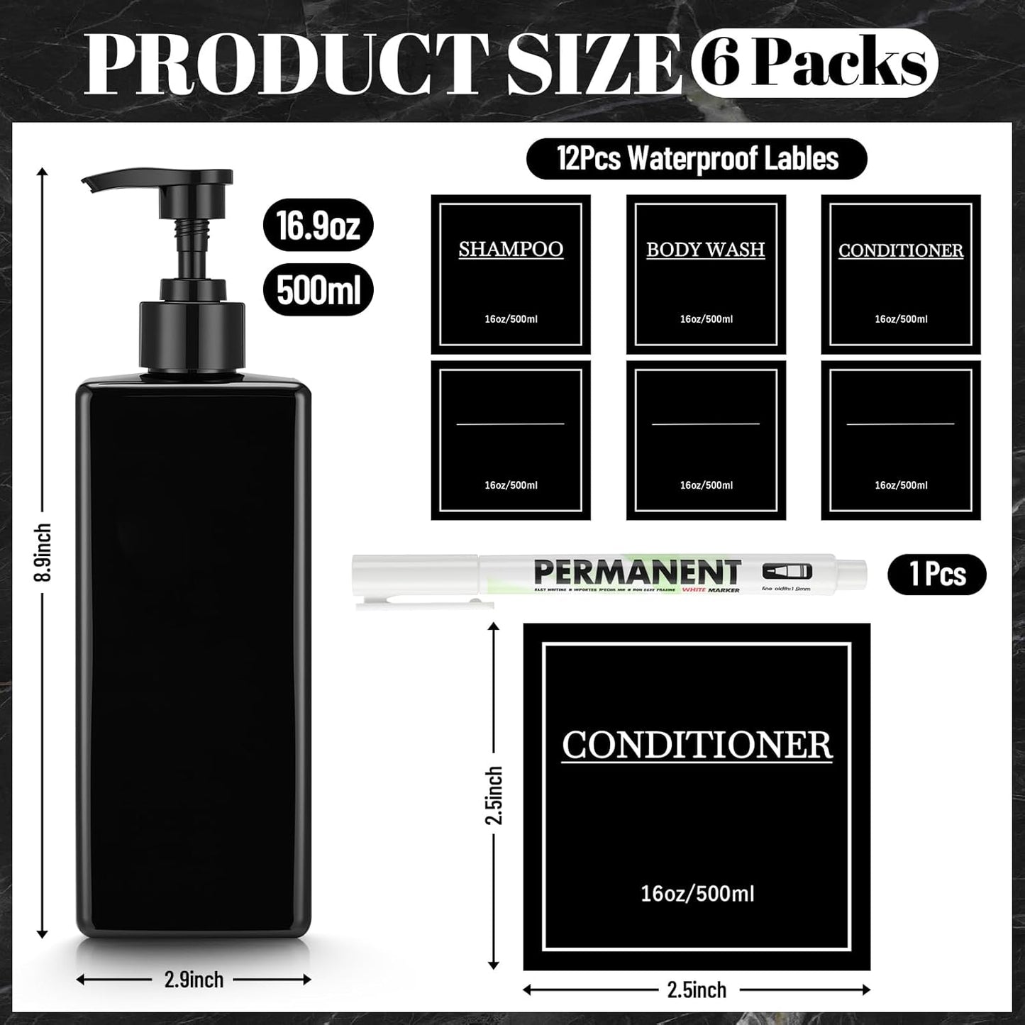 Tanlade 6 Pcs Shampoo and Conditioner Dispenser Bottles 16oz Modern Shower Soap Bottles with Pump, Labels and Marker Pen Easy to Refill Body Wash Dispensers for Home Bathroom Decoration (Black)