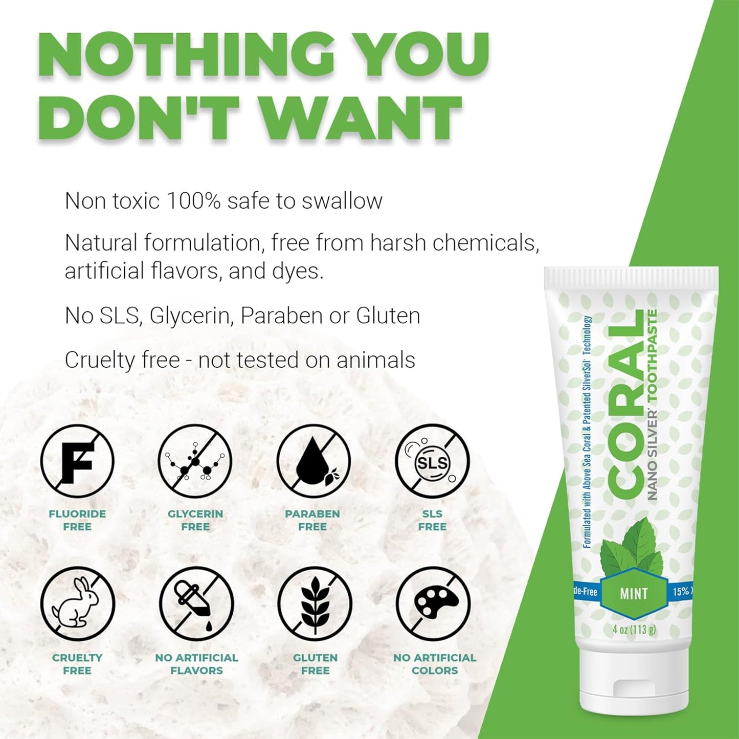 Coral Nano Silver Mint Toothpaste, Natural Fluoride Free Teeth Whitening Toothpaste, Coral Calcium Nano Silver Infused SLS Free - 4 Ounces