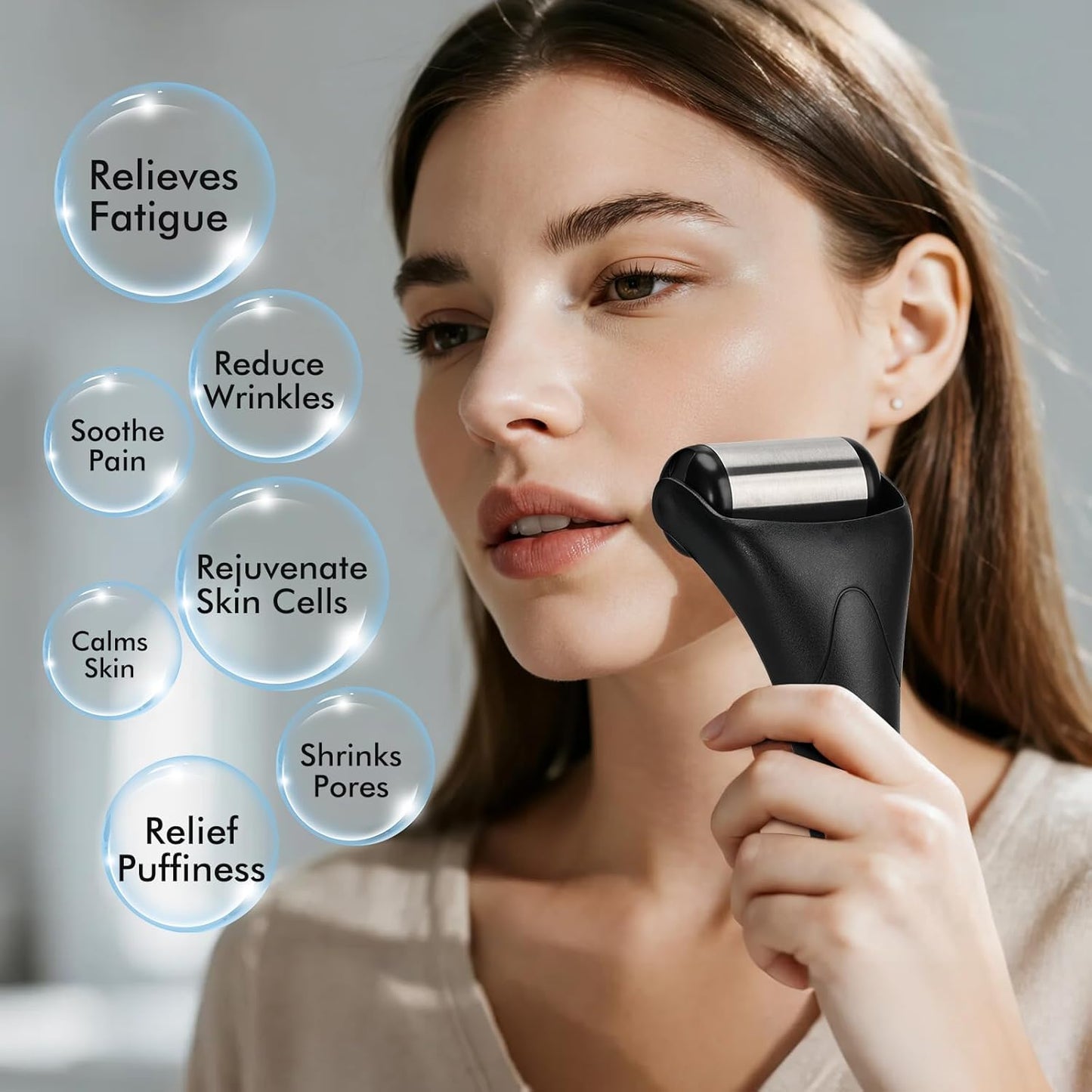 Stainless Steel Ice Roller for Face & Eye, Puffiness Migraine Pain Relief, Face Massager Jade Face Roller Skin Care Tools Self Care Gift Manual for Men Women