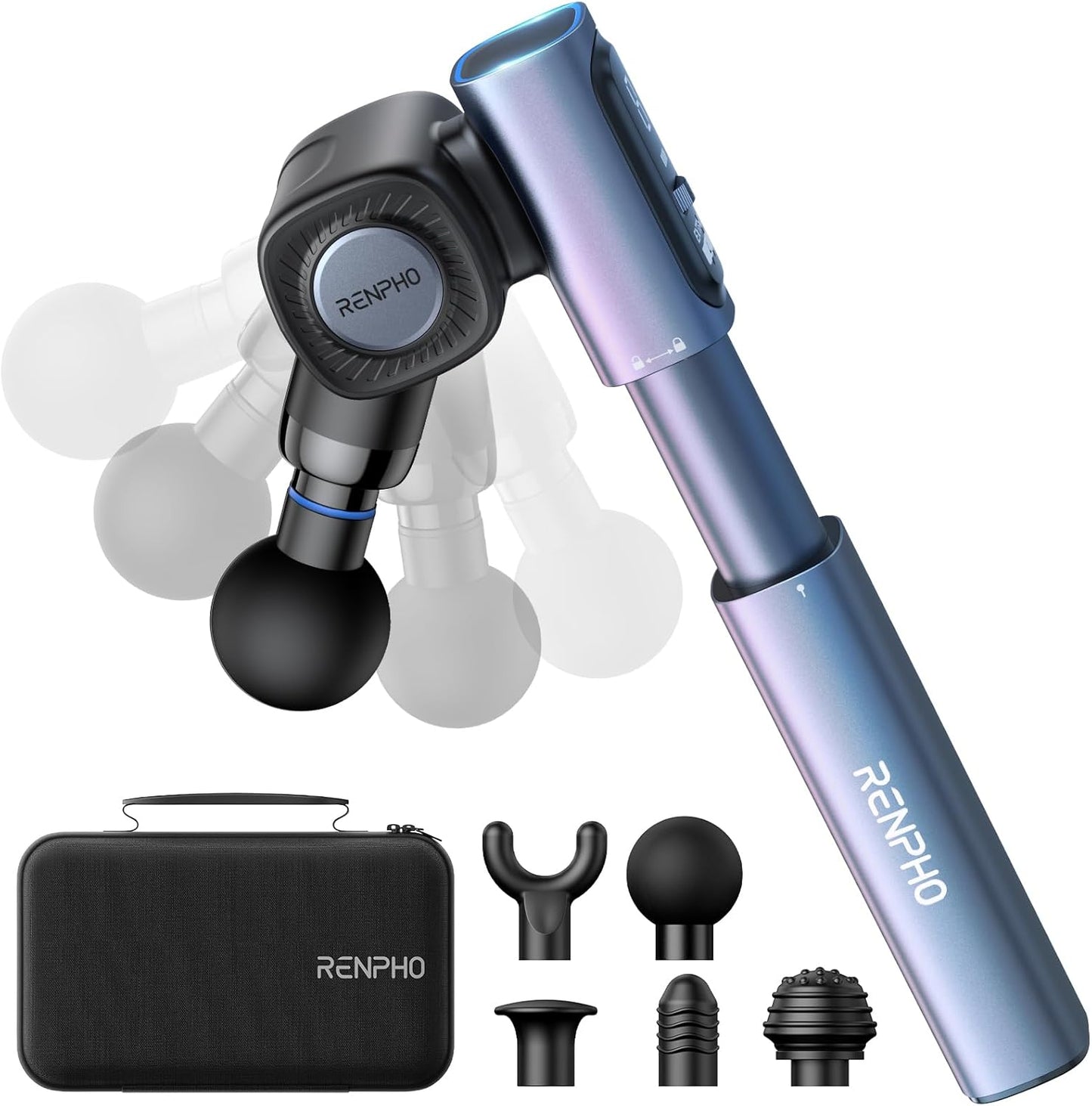 RENPHO Massage Gun with Adjustable Angles and Extension Handle, Handheld Percussion Muscle Massager Deep Tissue with Portable Carry Case for Men Women, Extend 2