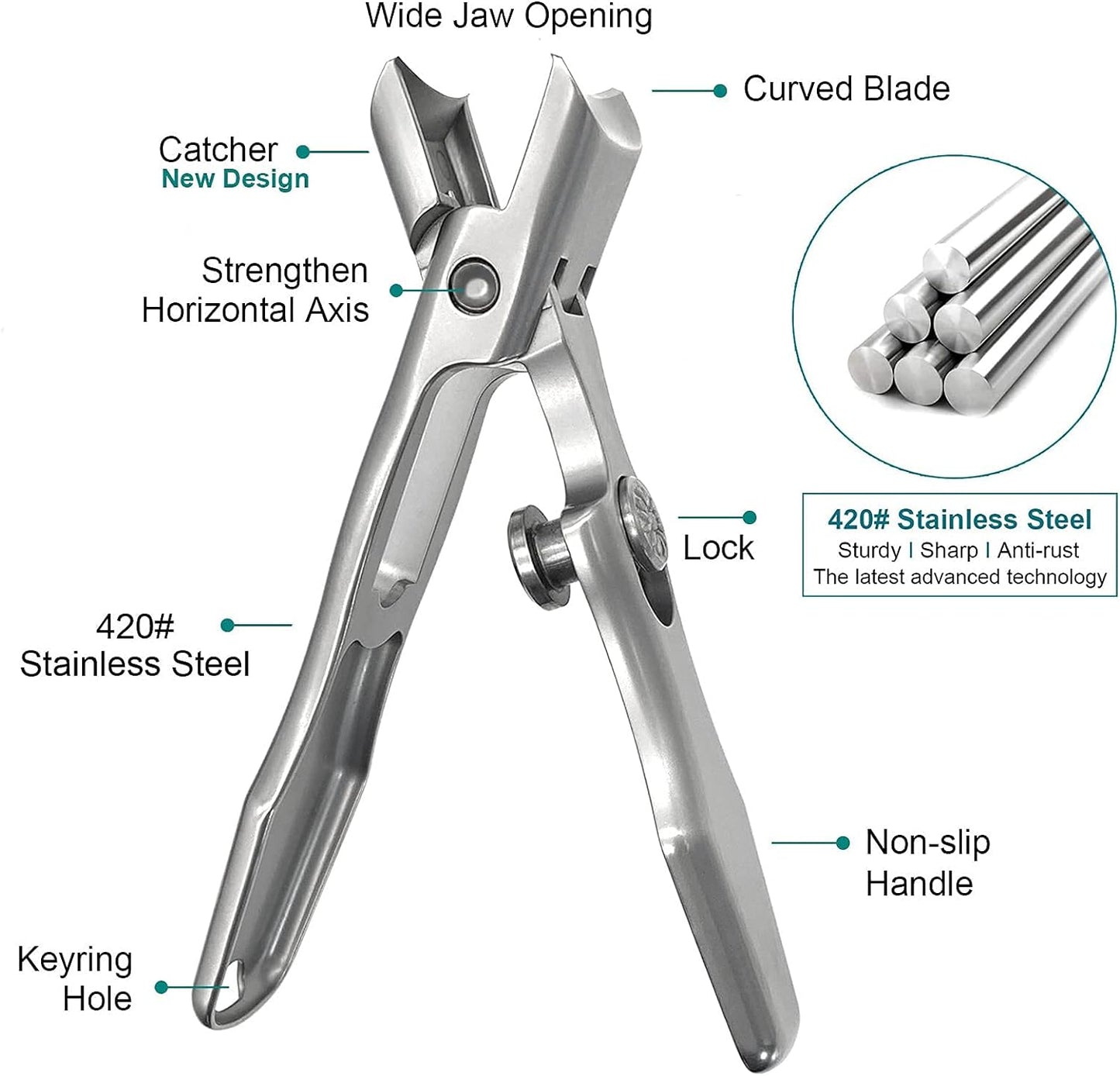 Nail Clippers for Men Thick Nails, Large Wide Jaw Opening Long Handle Heavy Duty Ultra Sharp Toe Nail Clippers with Catcher for Seniors,Adult,Women (Silver with File)