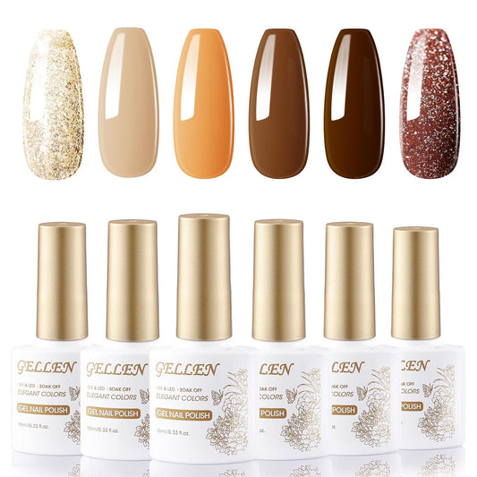 GELLEN Brown Gel Nail Polish, Winter Fall Brown Gel Polish 6 Colors Set, No Wipe Soak Off Long Lasting Glossy UV Gel for Women Manicure Home Salon, 0.33oz