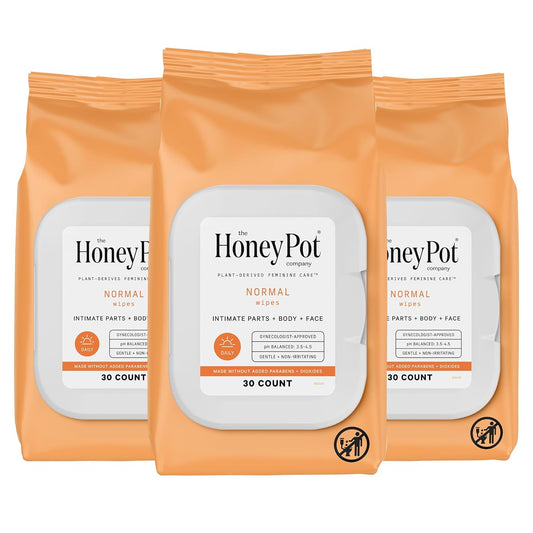 The Honey Pot Company - Feminine Wipes - Daily PH Balancing, Fragrance & Sulfate Free Wipes for Intimate Parts, Body, or Face - Hygiene Products - Normal 30 ct (Pack 3)