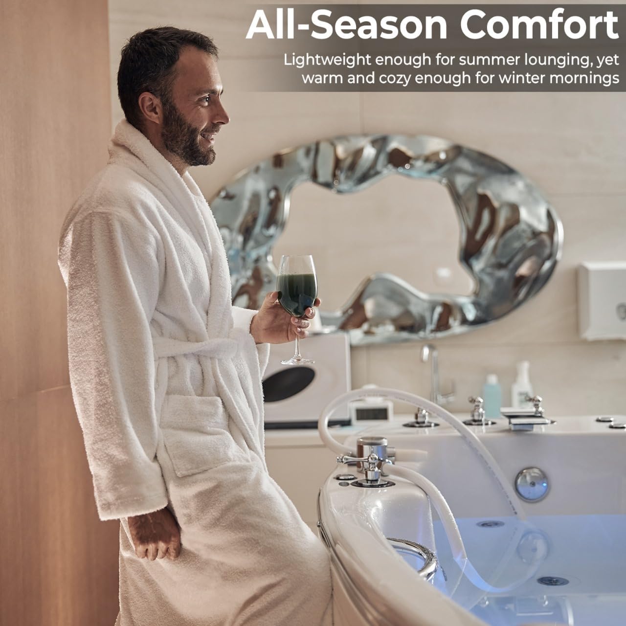 Men’s Hooded Bathrobe, 100% Cotton Terry Bathrobe, Spa Style Bath Robe, Absorbent Shower Robe, Lightweight Towel Bathrobes