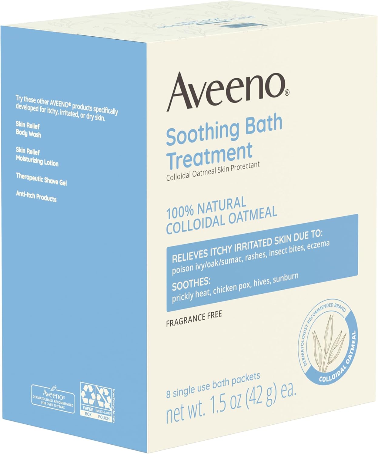 Aveeno Fragrance-Free Soothing Bath Treatment & Soak for Soothing Relief, 100% Natural Colloidal Oatmeal, Relieves Itchy, Irritated Skin Due to Eczema, 8 Single-Use Bath Packets