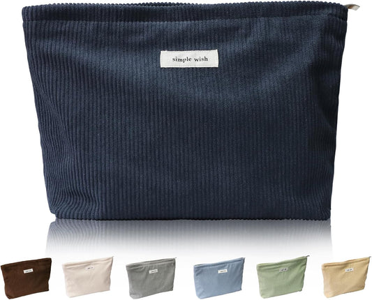 Wudygirl Cosmetic Bags for Women Travel Makeup Bag Aesthetic Women Handbags Purses Large Capacity Corduroy Toiletry Bag Zipper Pouch(Navy Blue)