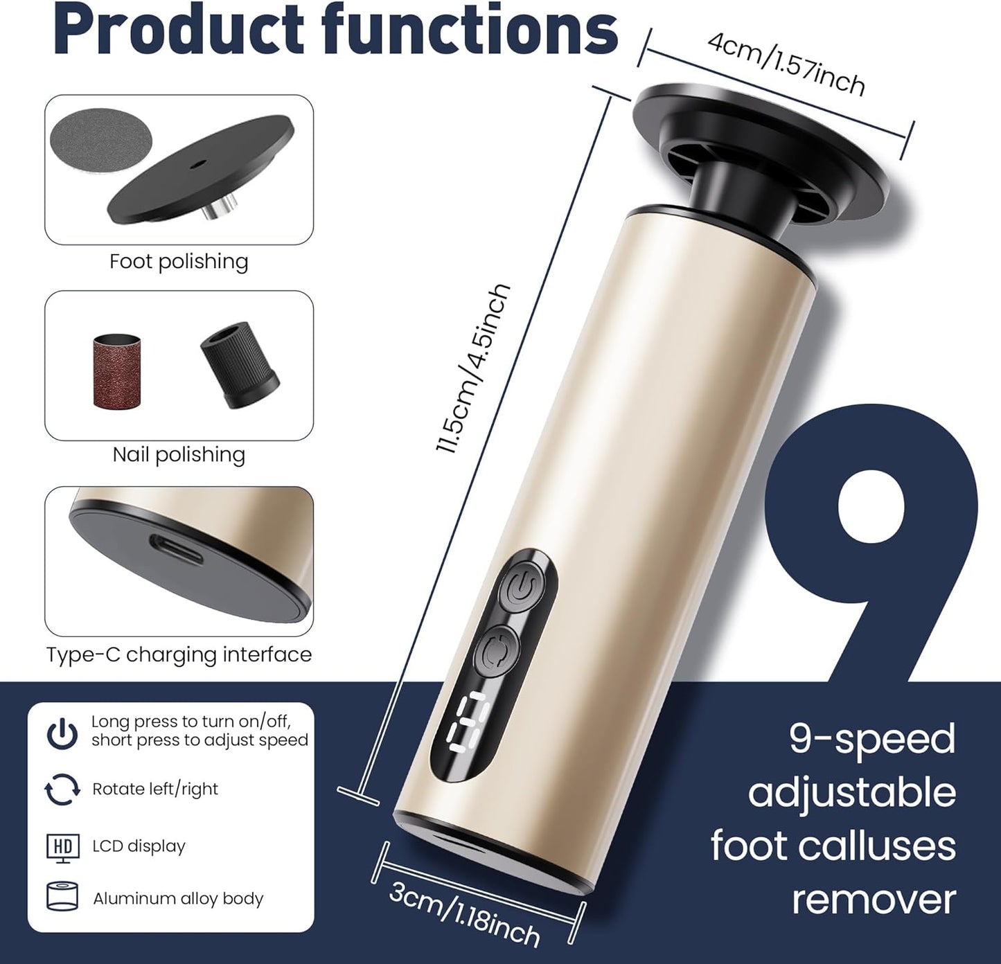 Electric Foot Callus Remover,2 in1 Rechargeable Callus Remover for Feet,9-Speed Cordless Electric Foot File Nail Grinder,Foot Scrubber Pedicure Tools for Dead Skin Dry Cracked Feet (Gold MINI)
