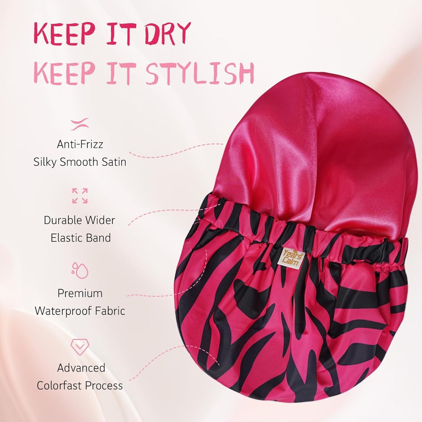 Years Calm Shower Caps for Women Reusable Waterproof, Double-Layer Extra Large Elastic Hair Cap for Shower for Long Hair & Braids, Travel & Home (Pink)