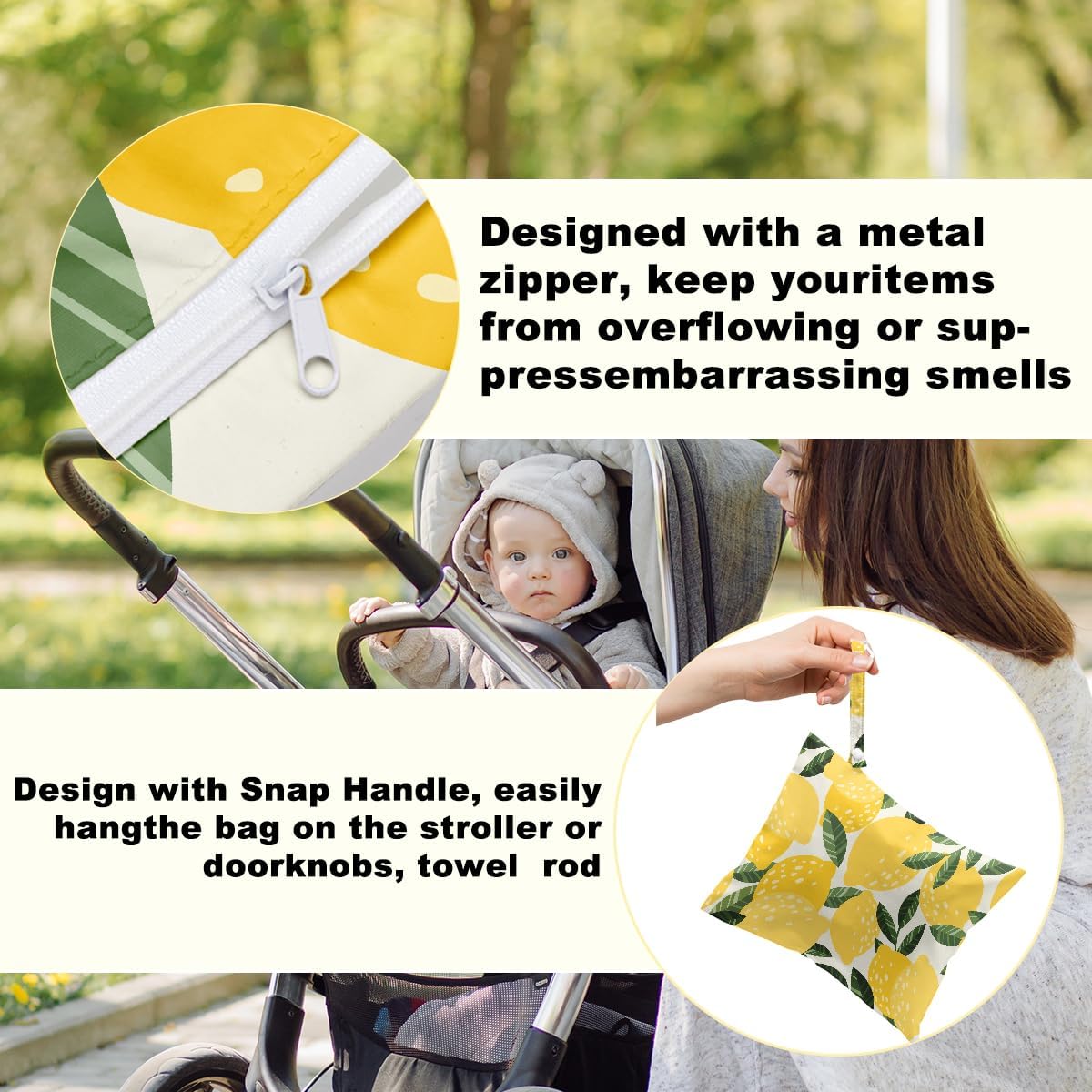 2Pcs Lemon Orange Print Wet Bags, Wet Dry Bag Reusable for Swimsuit, Travel, Diapers, Beach, Dirty Yoga Gym Clothes, Toiletries, Makeup Bag, Waterproof Birthday Christmas Gifts