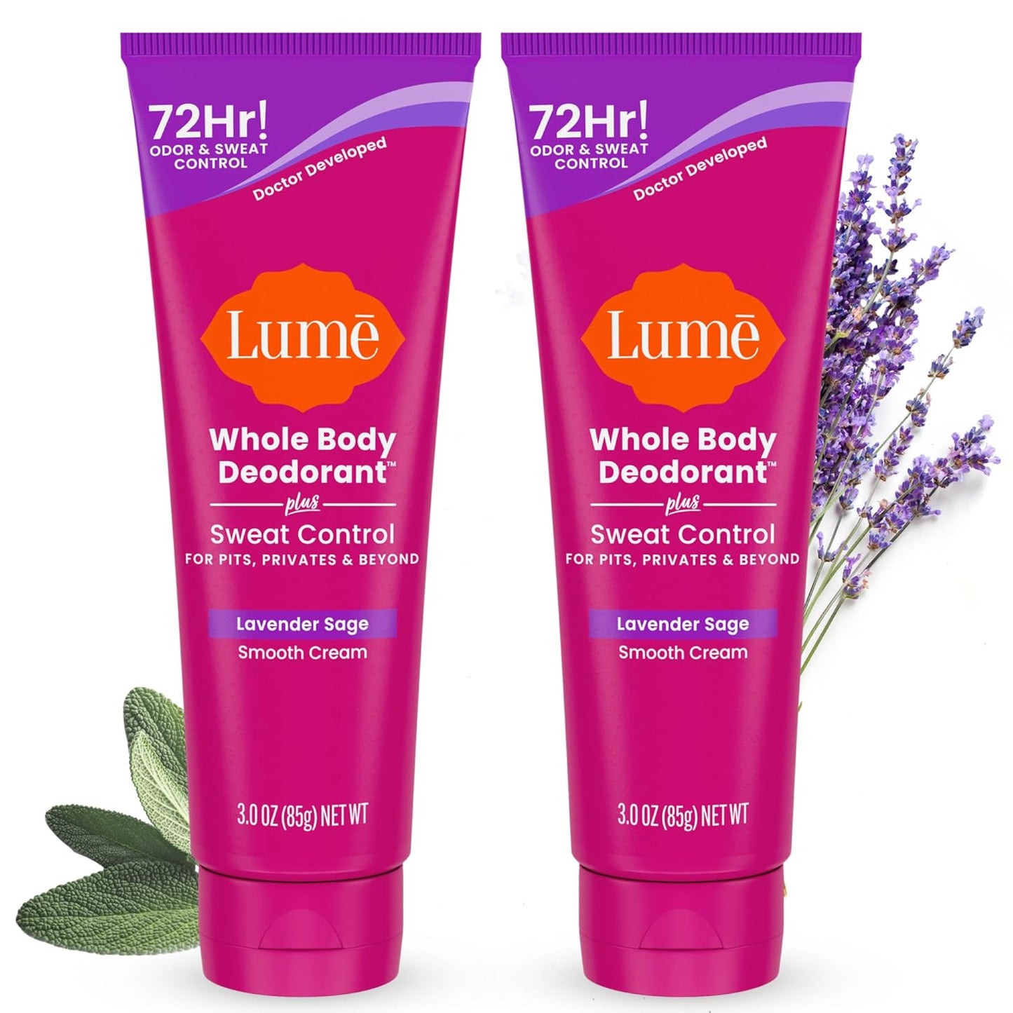 Lume Whole Body Deodorant Plus Sweat Control - Smooth Cream Tube - 72 Hour Odor And Sweat Control - Baking Soda Free, Skin Loving - 3.0 ounce (Pack of 2) (Lavender Sage)