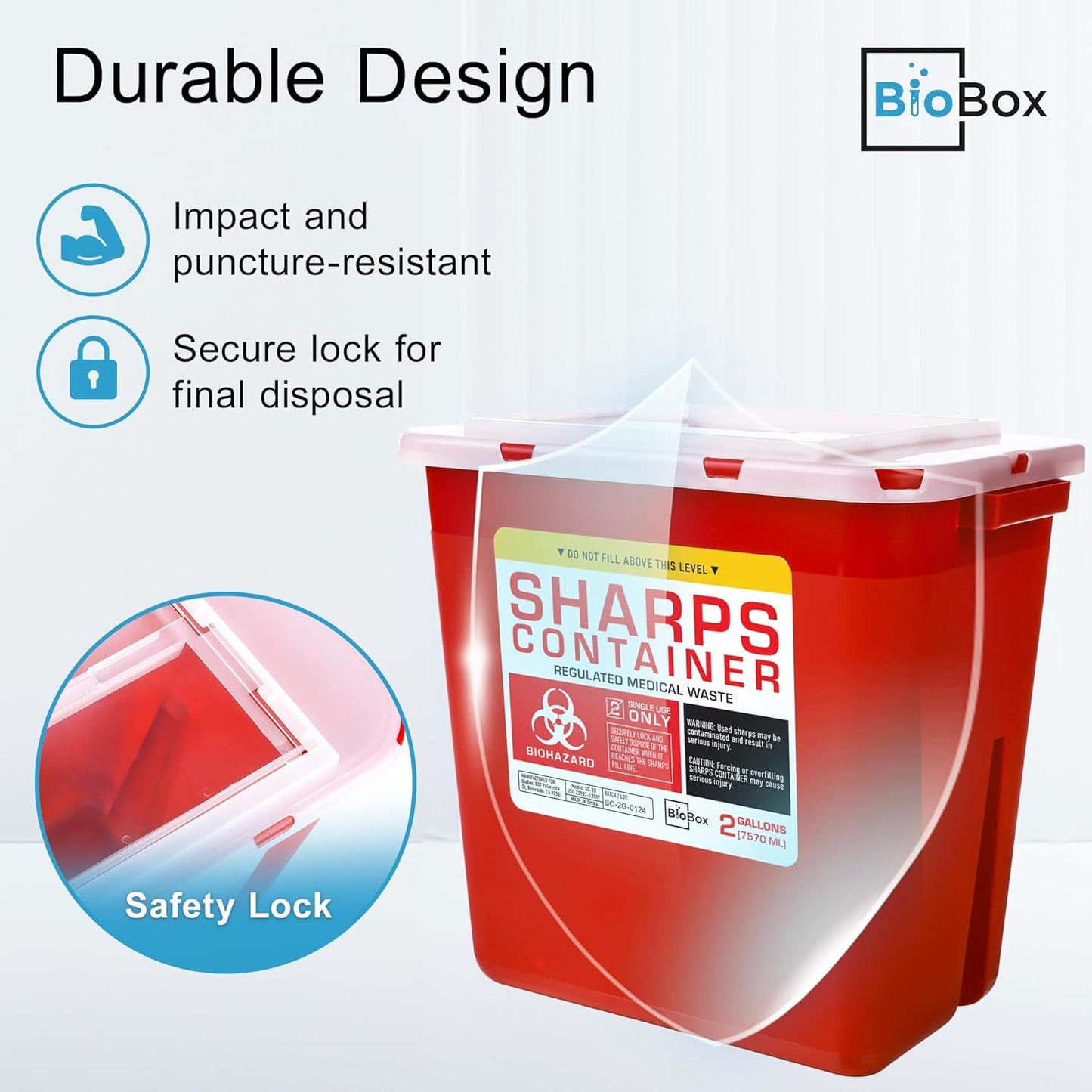 Sharps Container Large - Sharps Containers for Home Use and Labs - Portable Needle Disposal and Travel Size Biohazard Bin - 2 Gallon (Pack of 2)