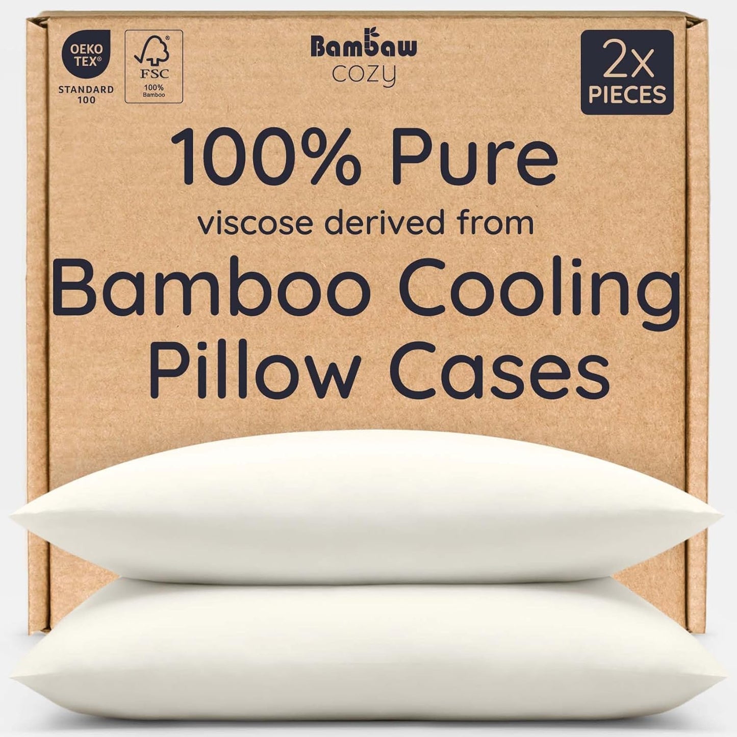 Bambaw 100% Viscose Derived from Bamboo Pillowcase Standard Size – Set of 2 Cooling Pillow Cases with Envelope Closure, Breathable & Anti Acne Pillow Case, Soft Pillow Cases Standard Size (Ivory)