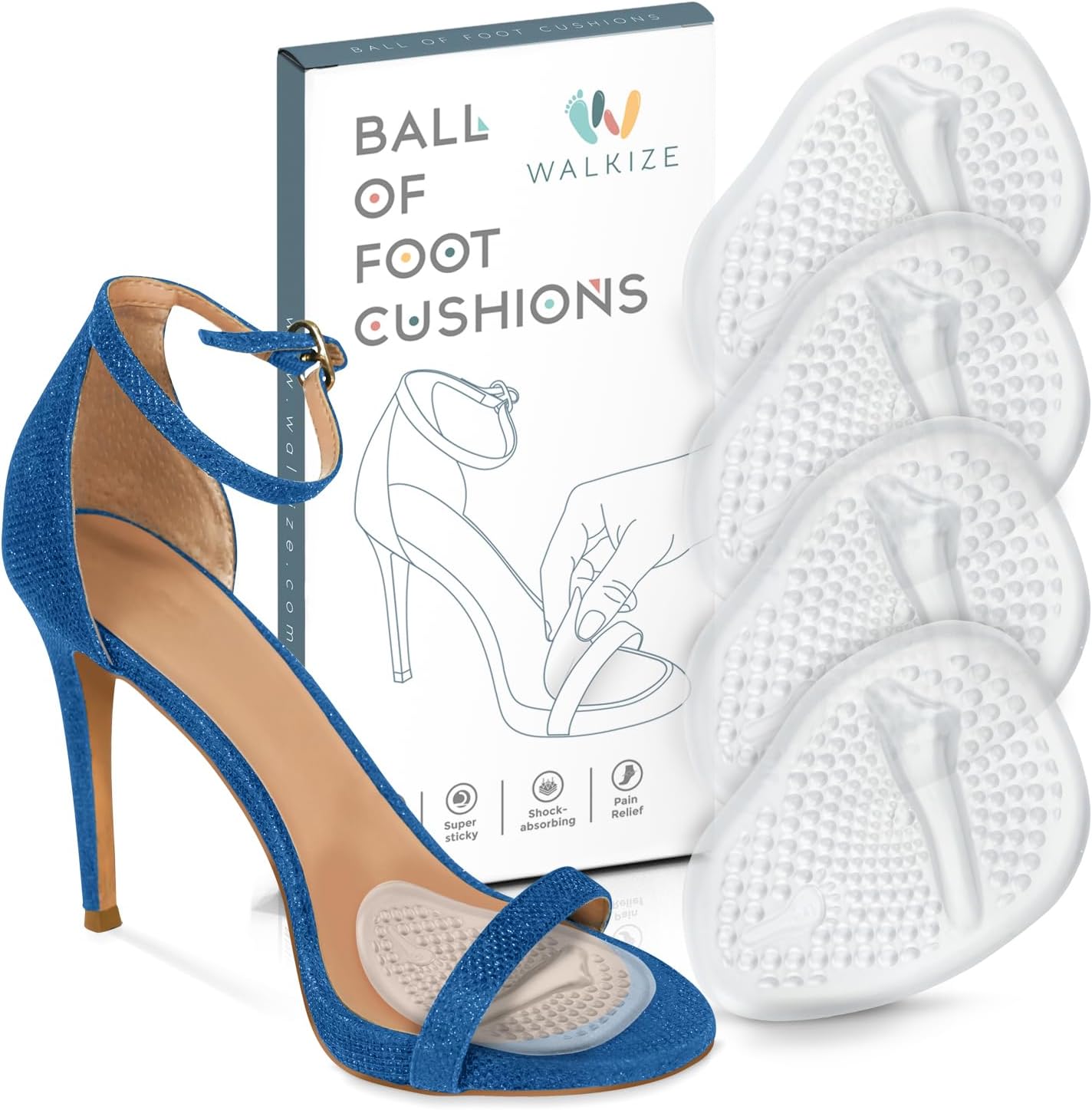 Walkize Metatarsal Pads Women | Heel Inserts for Women | Ball of Foot Cushions (2 Pairs Foot Pads) All Day Pain Relief and Comfort One Size Fits Shoe Inserts (Clear)