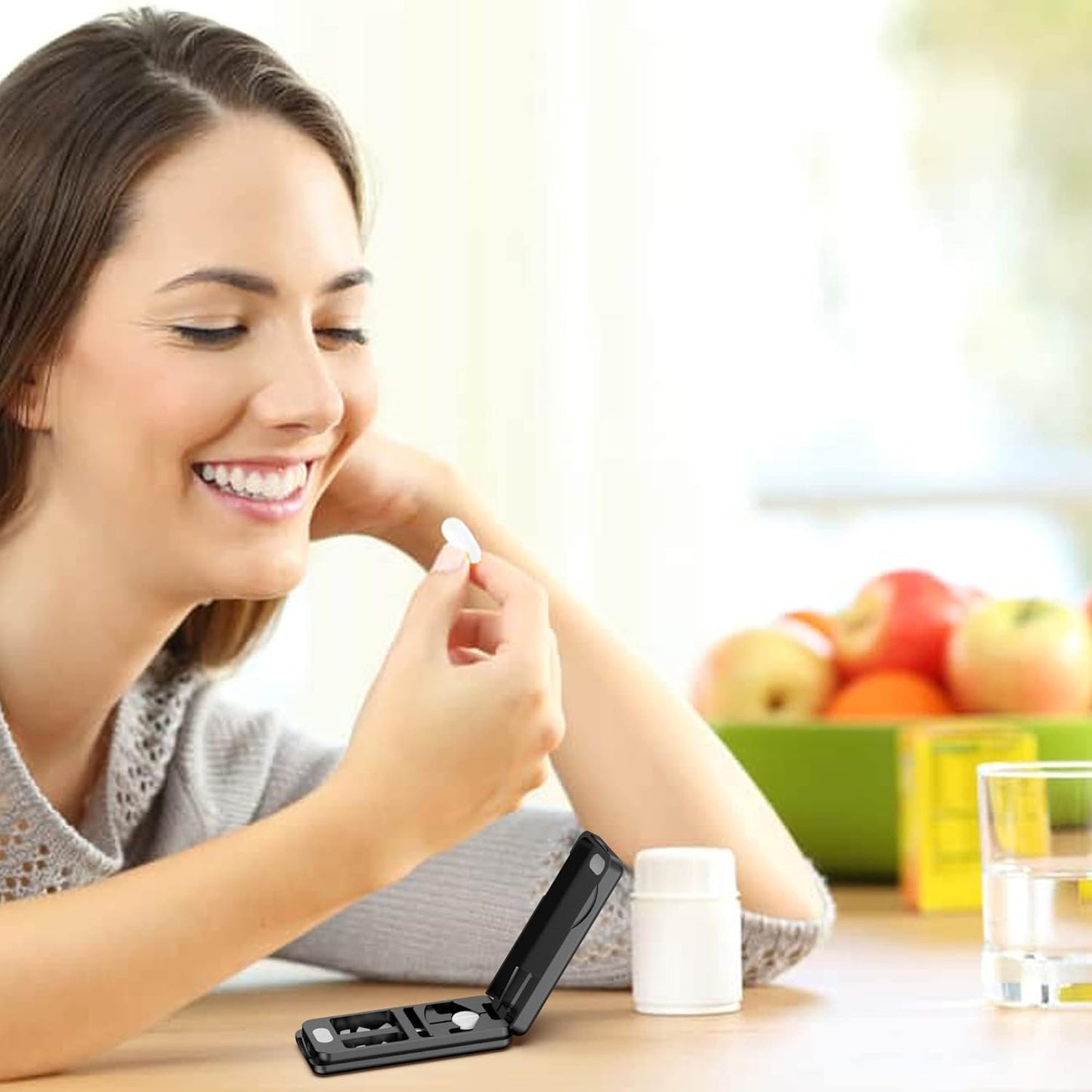 Pill Cutter with Auto Centering Device, Aluminum Pill Splitter with 316L Stainless Blade, Genuine Leather Case, Professional Pill Splitter for Cutting Small Pills or Large Pills (Black)