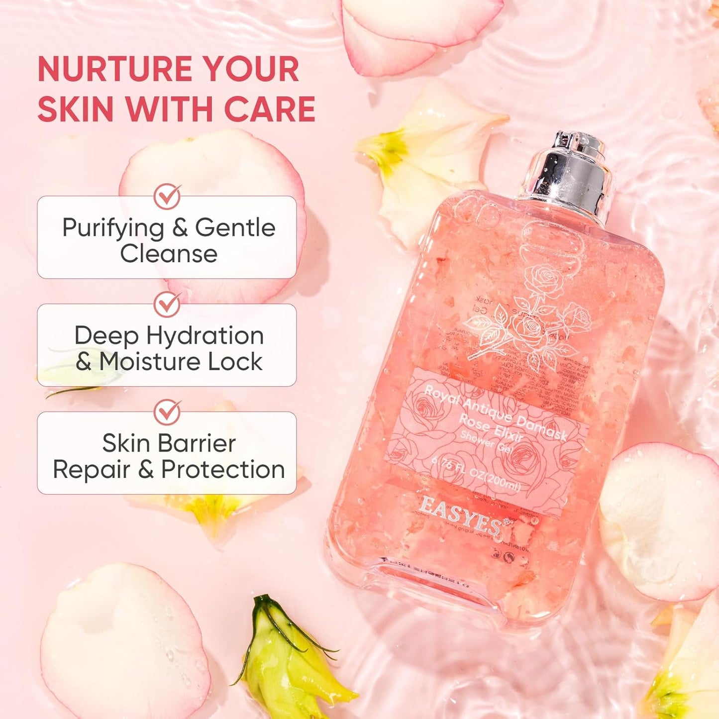 Rose Elixir Body Wash for Women – Moisturizing Shower Gel with Triple Rose Formula, Hydrating Natural Cleanser, Gentle Foaming, Multi-Oil Nourishment, 7 oz