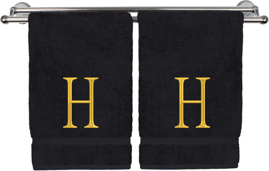Monogrammed Hand Towel, Personalized Initial Gift, Extra Absorbent 100% Turkish Cotton - Soft Terry Finish - Set of 2 - Gold Block Initial H - Embroidered on Black Towels