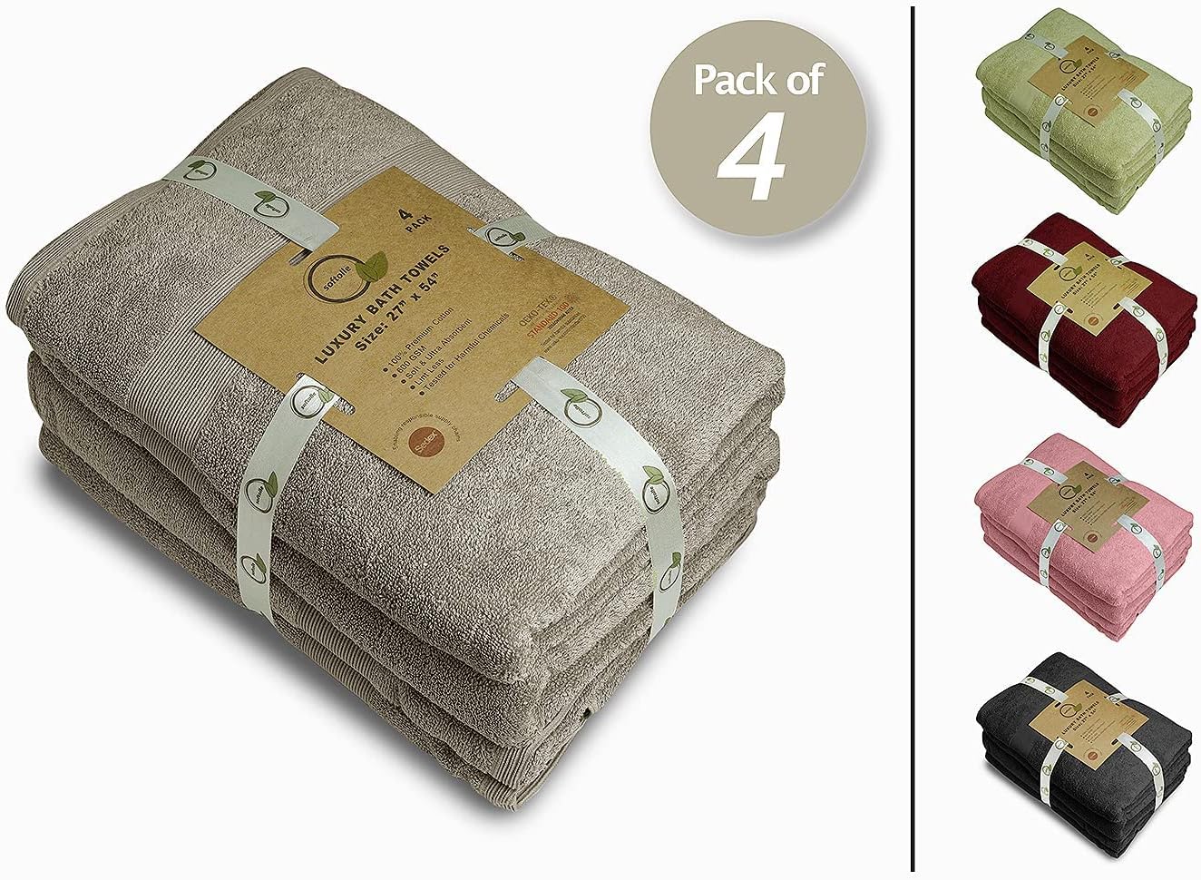 Softolle Luxury Bath Towels Set of 4 (27” x 54”) | Towels for Bathroom | Super Soft | Highly Absorbent Towels for Home, Spa, Gym (Taupe)