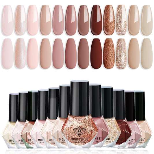 modelones Nail Polish Set 12 Colors Nude Brown Fall Nail Polish Set Champagne Gold Glitter Nail Polish Neutral Nude Pink Shimmer Fall Winter Brown Nail Gifts for Women Girl DIY Salon Home Manicure