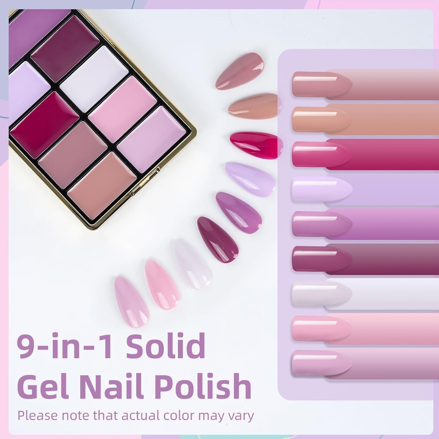 Solid Gel Nail Polish Set, 9 Colors Pink Purple Solid Cream Gel Polish Palette with Brush, Solid Ombre Nail Polish for Women DIY Manicure Art