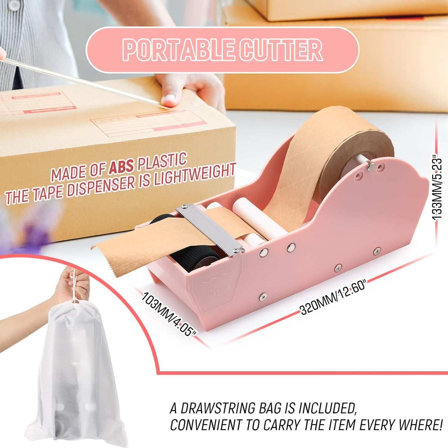 Water-Activated Tape Dispenser, Manual Kraft Gum Tape Dispenser, Width Adjustable 1.18-3.15", Light Weight & Portable Packing Tape Dispenser Set, Light Pink