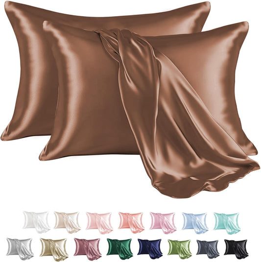 MR&HM Satin Pillowcase for Hair and Skin, Silk Satin Pillowcase 2 Pack, Standard Size Pillow Cases Set of 2, Silky Pillow Cover with Envelope Closure (20x26, Mocha Mousse)