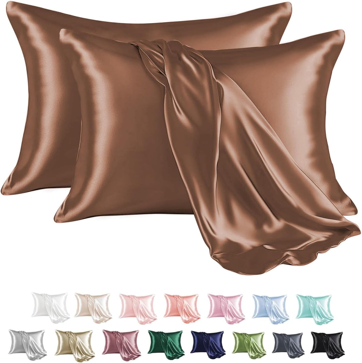MR&HM Satin Pillowcase for Hair and Skin, Silk Satin Pillowcase 2 Pack, Queen Size Pillow Cases Set of 2, Silky Pillow Cover with Envelope Closure (20x30, Mocha Mousse)