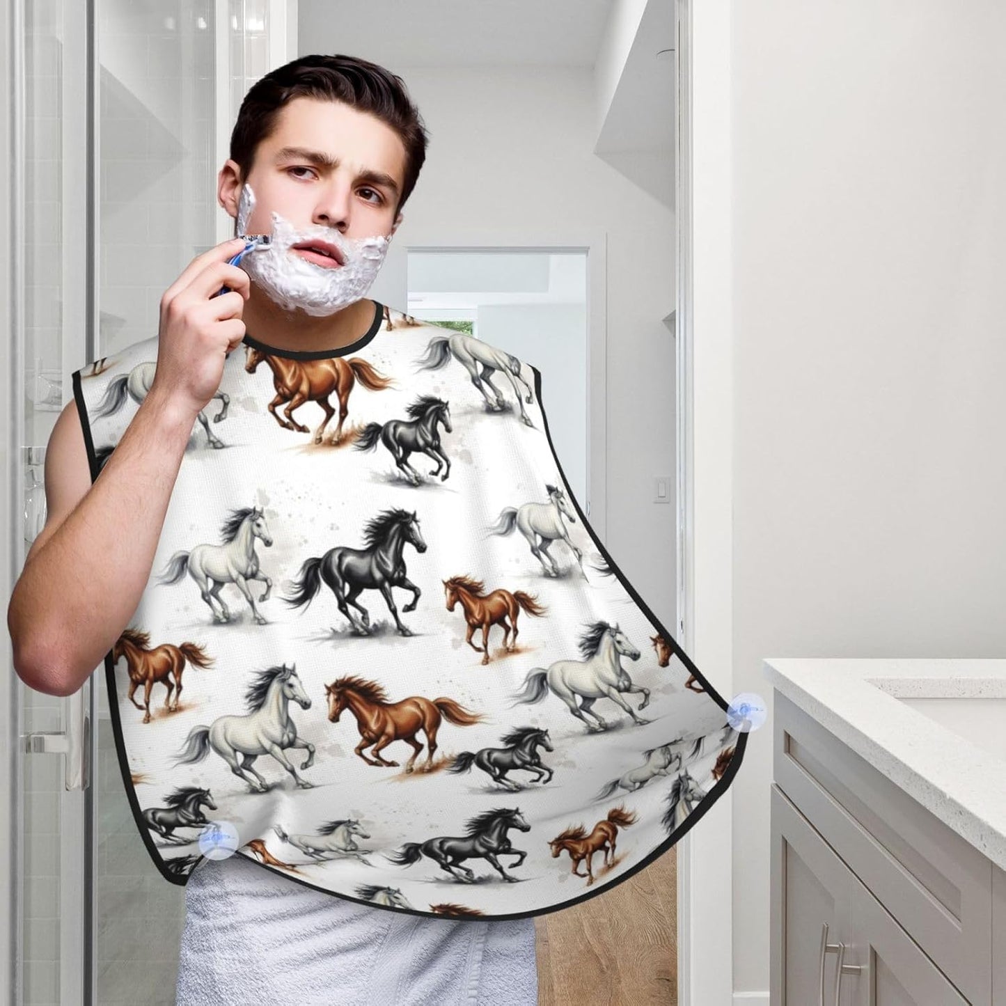 Beard Grooming Cape, Waterproof Hair Catcher for Shaving Trimming, Non-Stick Bib Apron Gifts for Dad Men, Watercolor Wild Horses Shave Bib