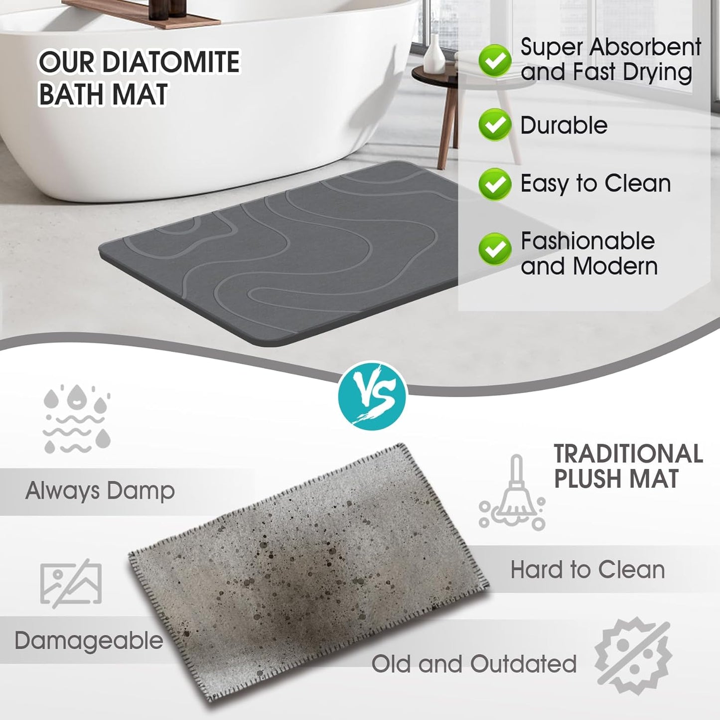 Stone Bath Mat Diatomaceous Earth Shower Mat Non-Slip Super Absorbent Diatomite Stone Mats for Bathroom Floor Quick-Drying Easy to Clean (24''*16'' Grey)