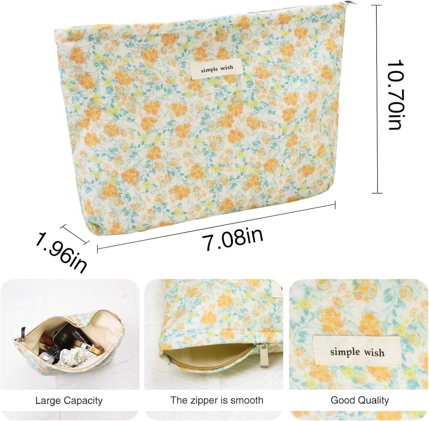 Wudygirl Aesthetic Cosmetic Bag Travel Toiletry Bag Makeup Bag Canvas Makeup Pouch Toiletry Bag for Women Large Capacity Makeup Bag Floral Pencil Pouch with Zipper (Yellow Floral)