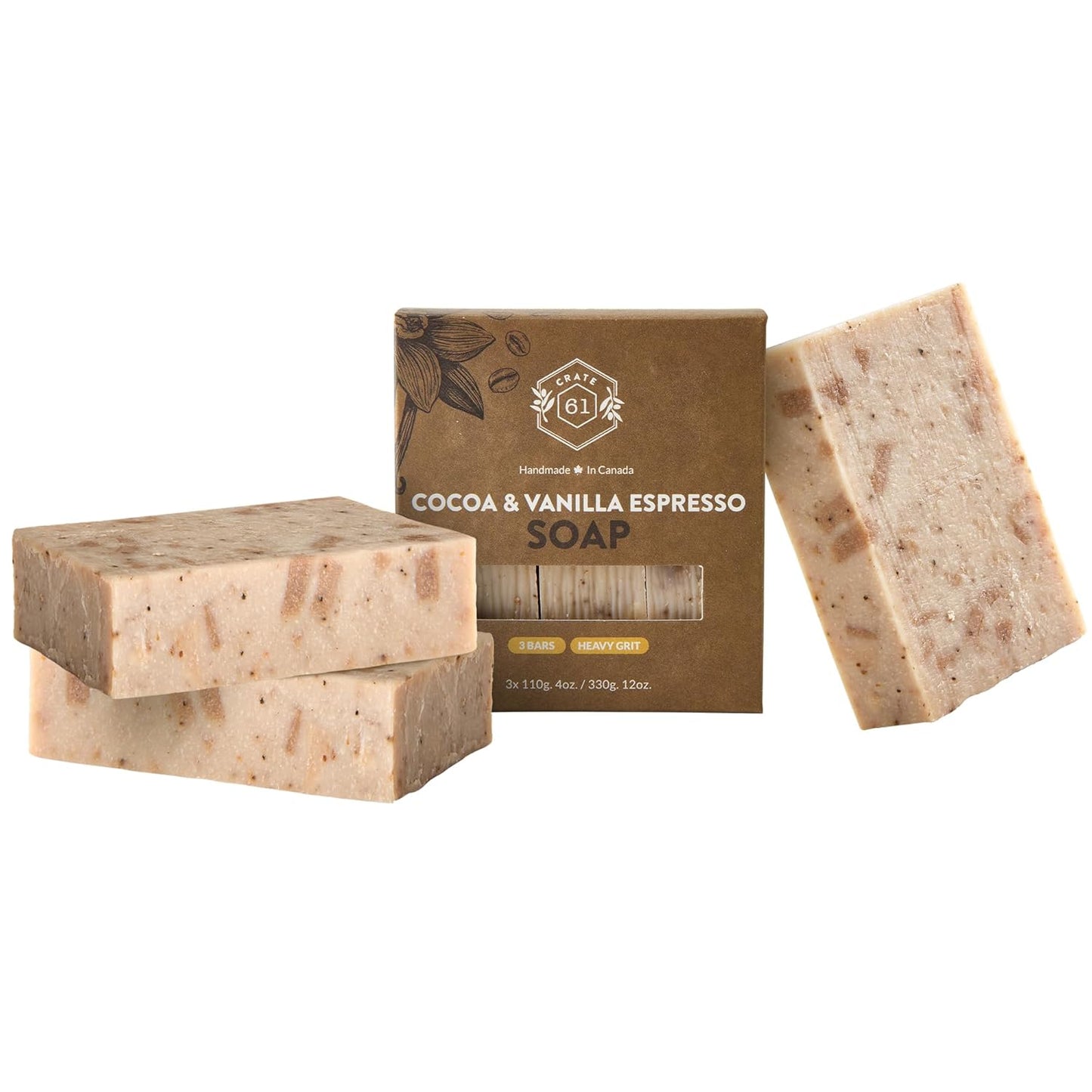 Crate 61, Handmade in Canada, Plant Based Cold Process Natural Bar Soap For Face And Body, With Premium Essential Oils, For Men And Women 3 Pack (Cocoa Vanilla Espresso)