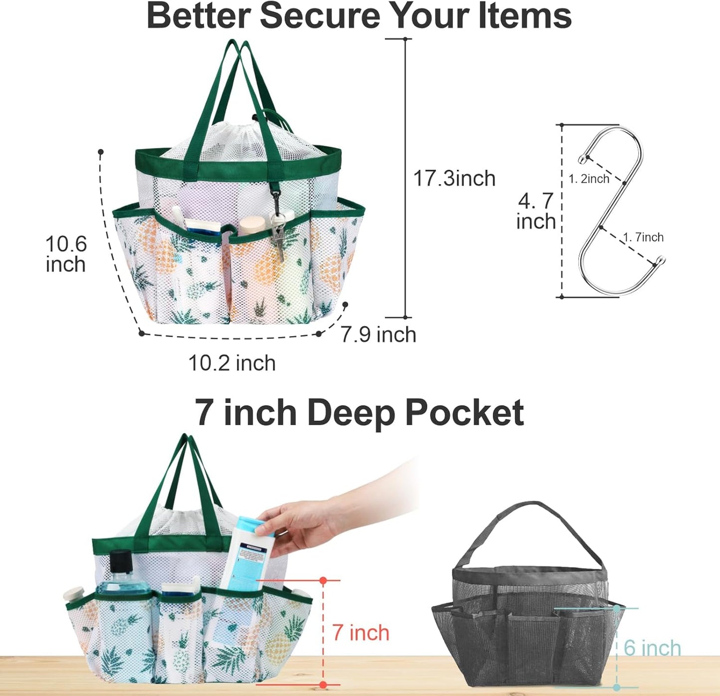 F-color Mesh Shower Caddy Portable with Drawstring - Upgrade Deeper 7 Pockets Dorm Room Essentials for Guys Girls with S Hook, Shower Bag Basket Tote for College Camping Bathroom, Green Pineapple
