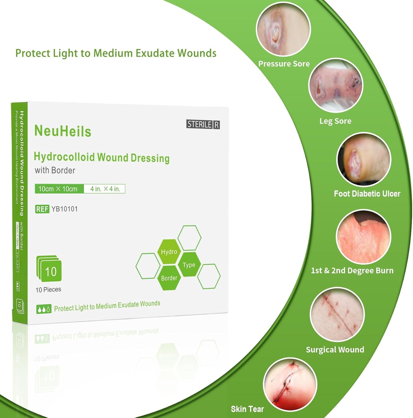 NeuHeils Hydrocolloid Adhesive Bandages, Hydrocolloid Wound Dressing with Border 4''x4'' for Light to Medium Exudate Wounds, Bed Sore, Minor Burns, Abrasions, Cuts, Superficial Wound 10 Packs