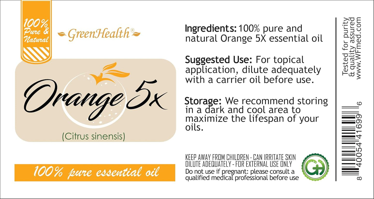 Orange 5X Essential Oil – 8 fl oz (237 ml) Aluminum Bottle w/Plug Cap – 100% Pure Essential Oil – GreenHealth