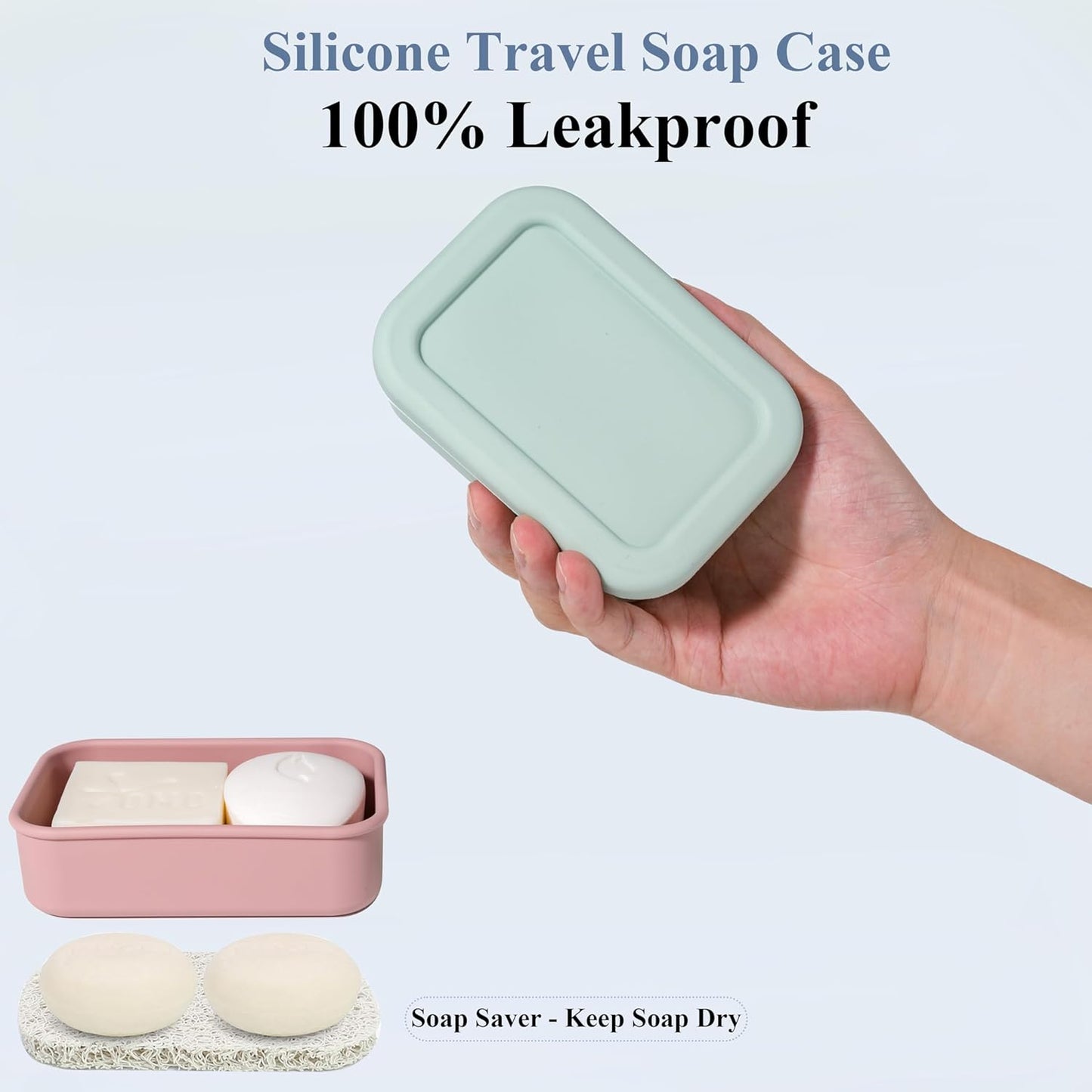 MtBoi 2PC Portable Leakproof Travel Soap Case, Silicone Soap Container, Compact Travel Holder with Drainage Layer, Camping, Gym, Outdoor Pink&MintGreen