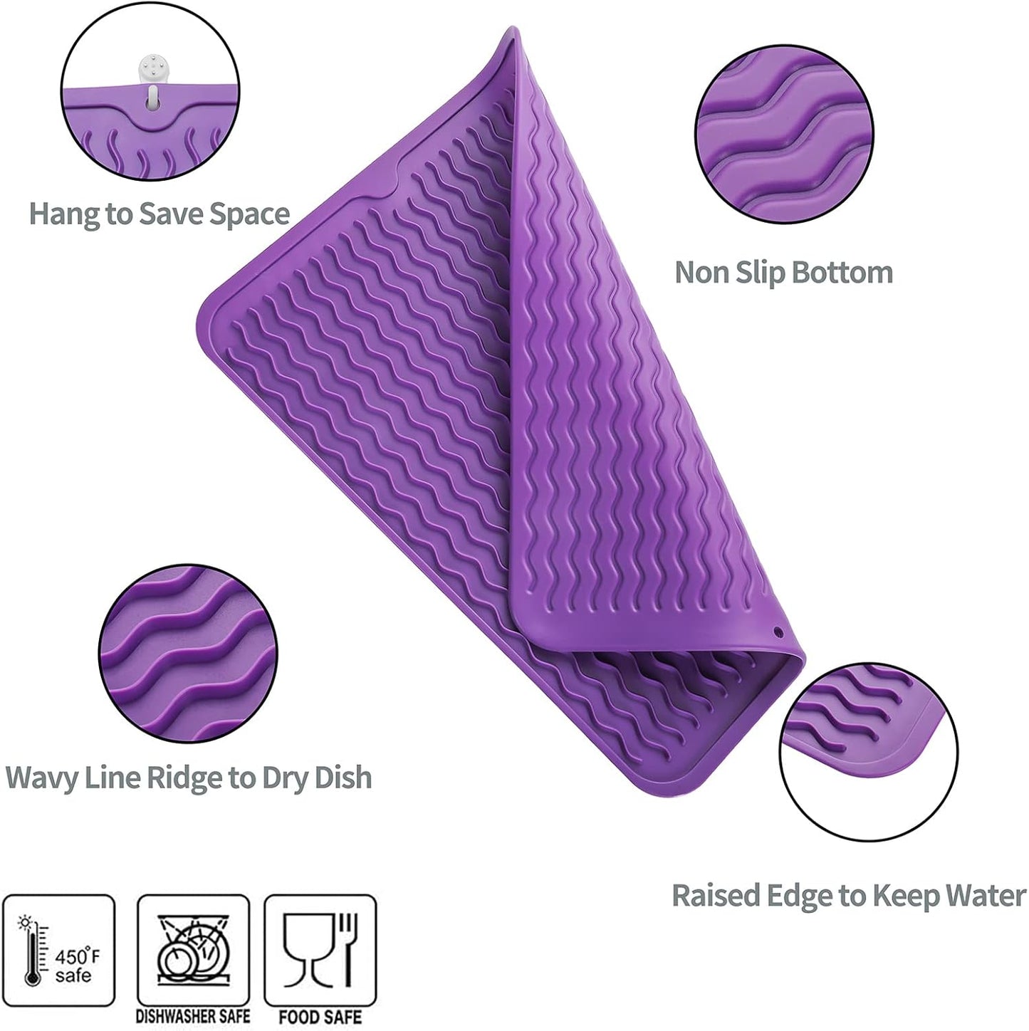 Silicone Dish Drying Mat for Multiple Usage,Easy clean,Eco-friendly,Heat-resistant Silicone Mat for Kitchen Counter or Sink,Refrigerator or drawer liner Purple L 16 inches x 12 inches