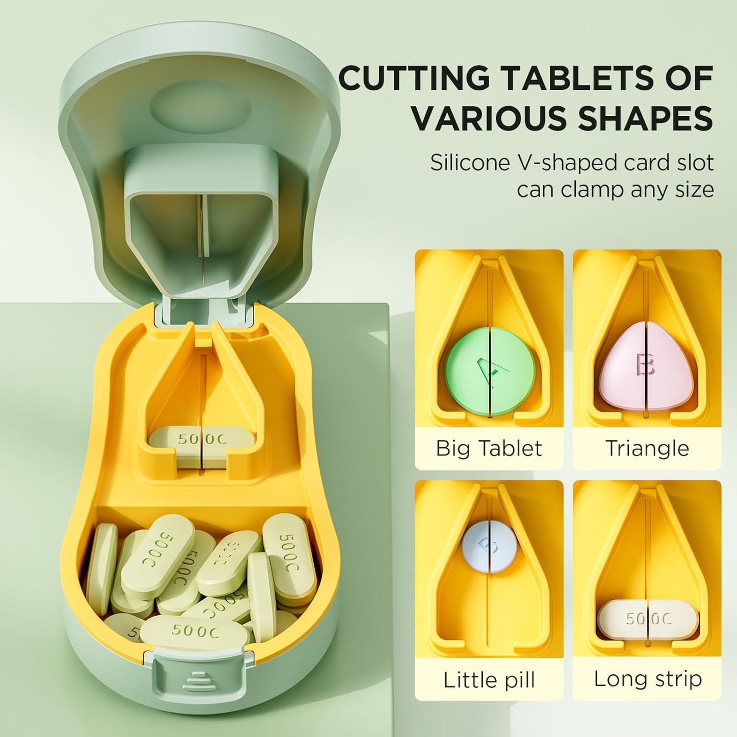 Pill Cutter for Small and Tiny Pills - Pill Splitter with Detachable Silicone Pad - Easy Open Snap Button. Wrap-Around Blade Guard Prevents Cuts. Back Storage (Green)