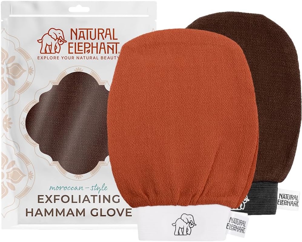 Natural Elephant Exfoliating Hammam Glove | Authentic Moroccan Kessa Body Scrub Mitt for Spa-Quality Skin Renewal | Burnt Orange & Chocolate Brown Pack of 2