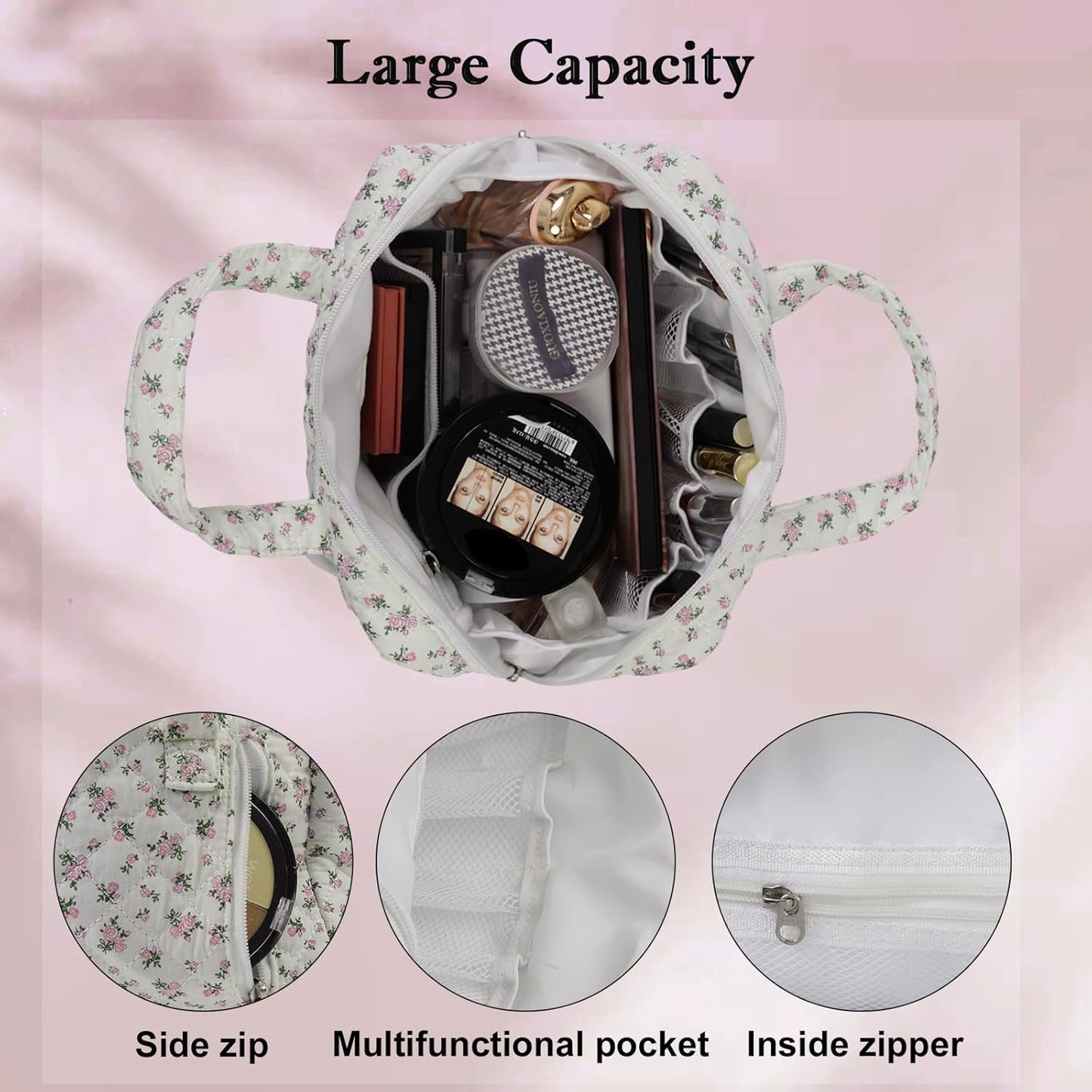 Cute Quilted Floral Makeup Bag(2Pcs)，Coquette Aesthetic Cosmetic Bag，Travel Toiletry Bags， Kawaii Aesthetic pouch for Women (12-Pink)