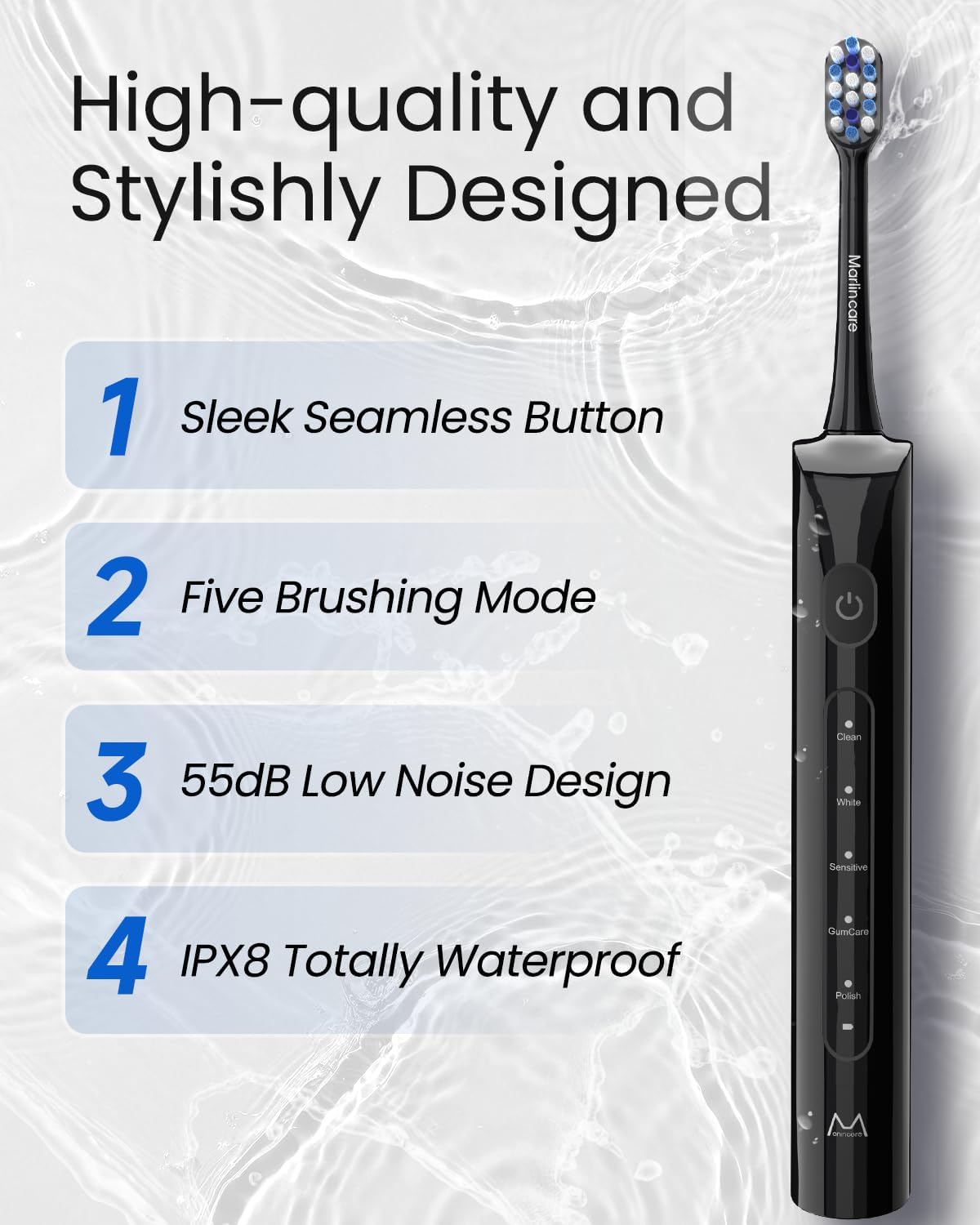 Electric Toothbrush for Adults, Rechargeable Sonic Travel Toothbrush Teens with 4 Brush Heads-180 Days Battery Life, 55000VPM, 5 Modes Smart Timer& Travel Case, Black