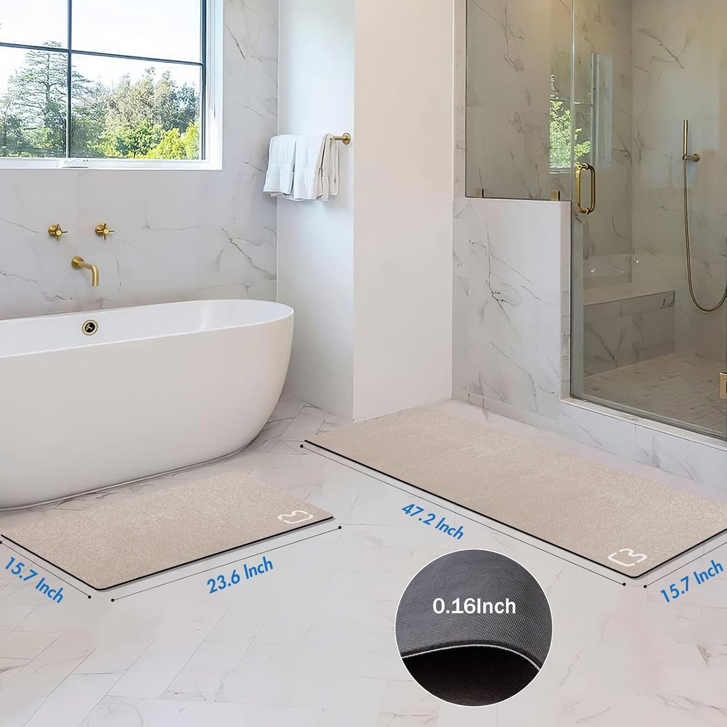 2 Piece Bathroom Rugs Mat Set - Quick Dry Diatomaceous Earth Bath Mat for Bathroom Non-Slip Bath Rug with Rubber Backing, Absorbent Bath Mats Thin Bath Floor Mat, 15.7x23.6+15.7x47.2 Inch, Taupe