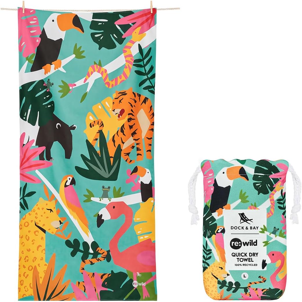 Dock & Bay Beach Towel - Quick Dry, Sand Free - Compact, Lightweight - 100% Recycled - Includes Bag - Wild Things - Extra Large (200x90cm, 78x35)