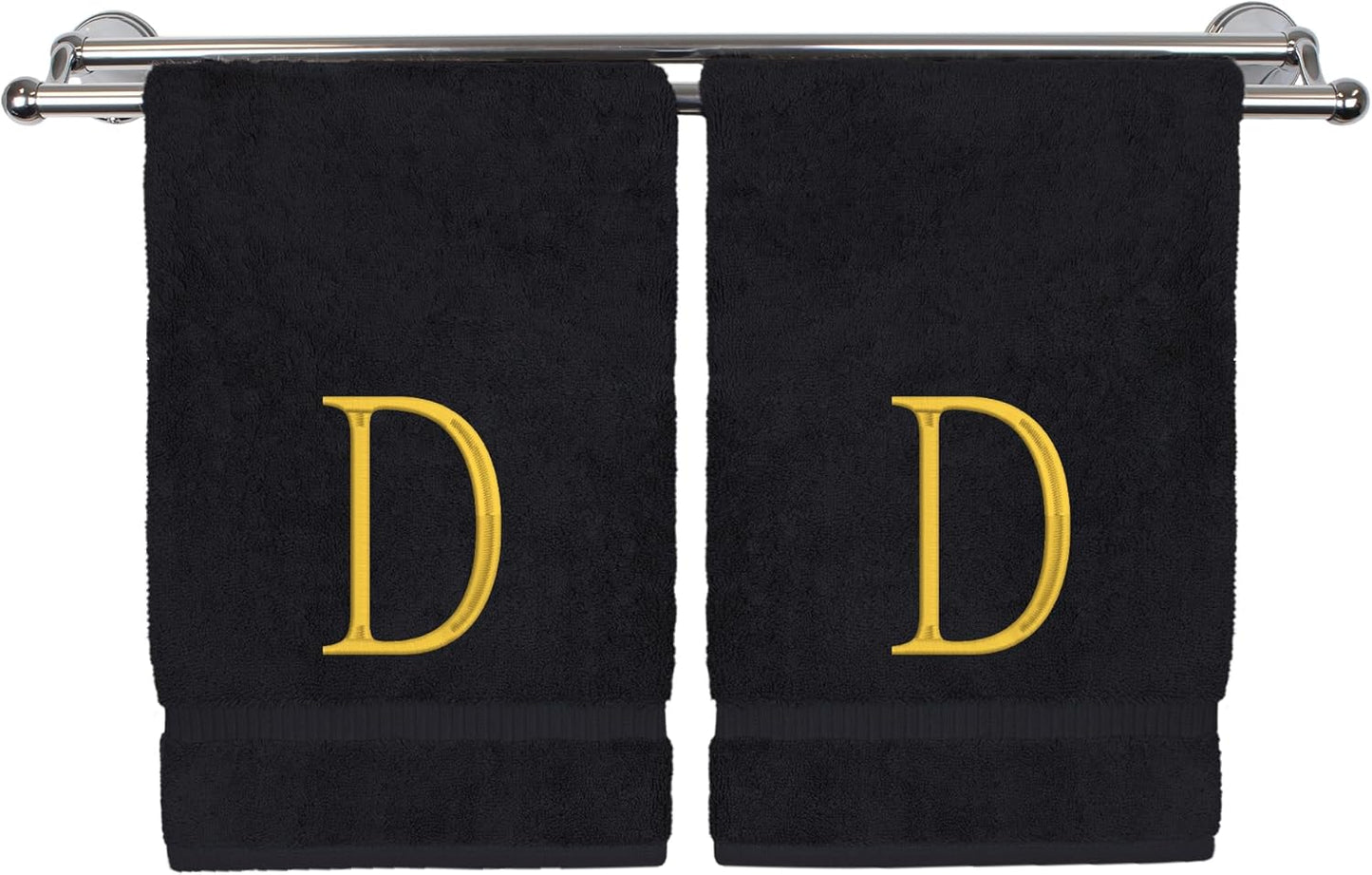 Monogrammed Hand Towel, Personalized Initial Gift, Extra Absorbent 100% Turkish Cotton - Soft Terry Finish - Set of 2 - Gold Block Initial D - Embroidered on Black Towels