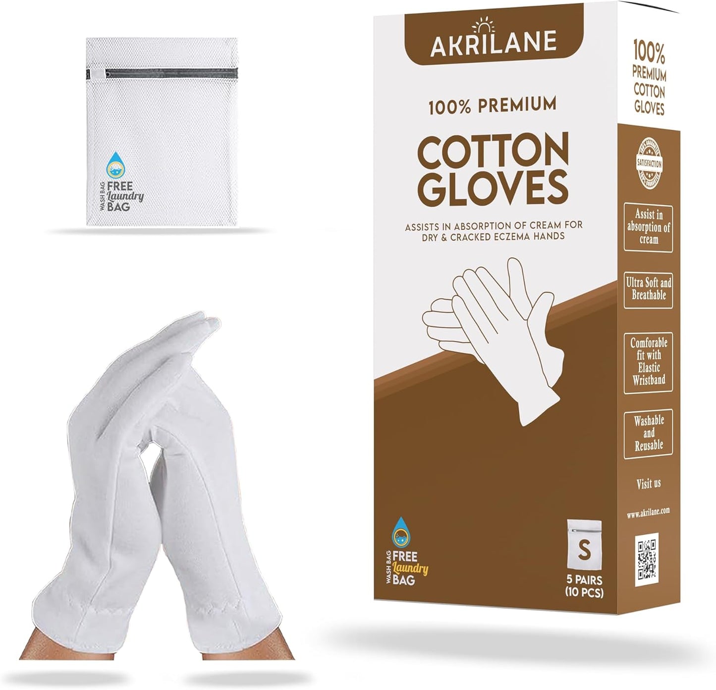 S Small 5 Pairs 100% Premium Cotton Gloves for Dry Hands | Moisturizing Overnight Gloves for Eczema, Psoriasis & Skin Spa Treatment for Women & Men | Washable & Reusable with Free Laundry Bag