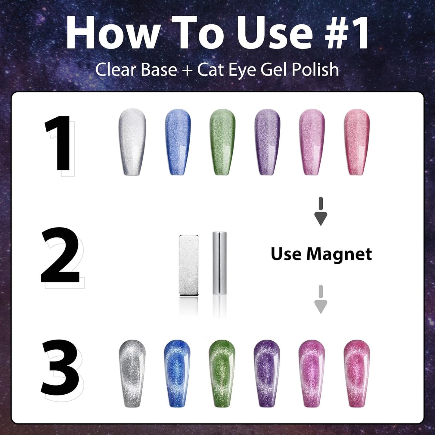 Clara Colors Cat Eye Gel Nail Polish Set of 6 Colors Magnetic Nail Polish Set Holographic Glitter 9D Galaxy Series Cat Eye Gel Polish Set with 1 Magnet Stick for Home DIY Soak Off UV LED