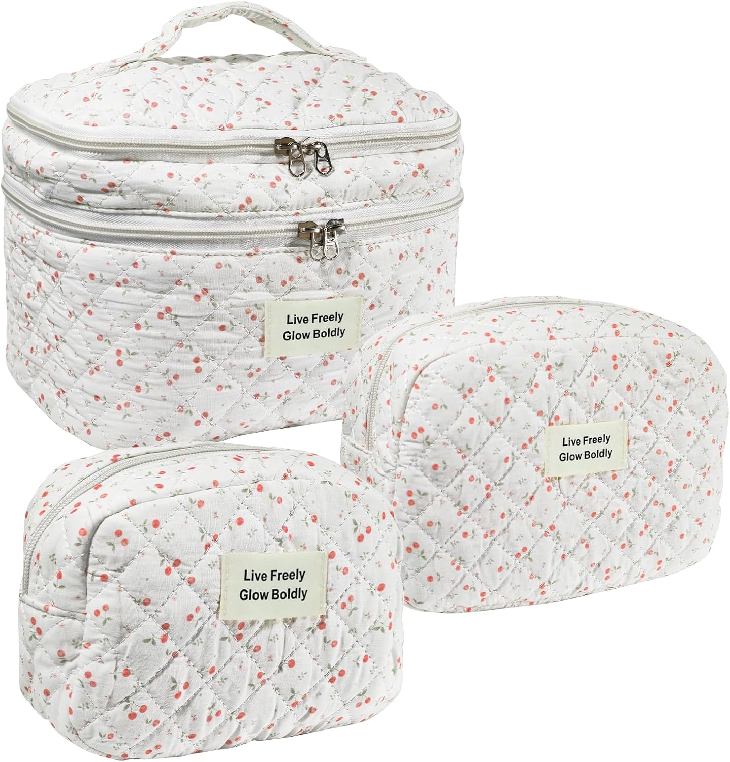 3Pcs Large Travel Quilted Makeup Bag, Double Layer Cute Floral Cotton Toiletry Bag, Aesthetic Flower Cosmetic Bag Coquette Skincare Organizer Bag for Women (79-Cherry)