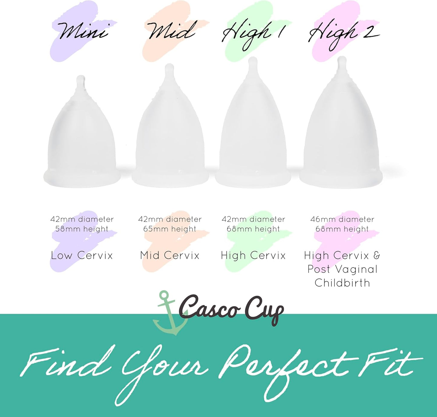 Casco Menstrual Cup & Case - Medical Grade Silicone Period Cup Made in Maine USA, Reusable Menstrual Cup. (4 Reusable Cups - Find Your Fit)