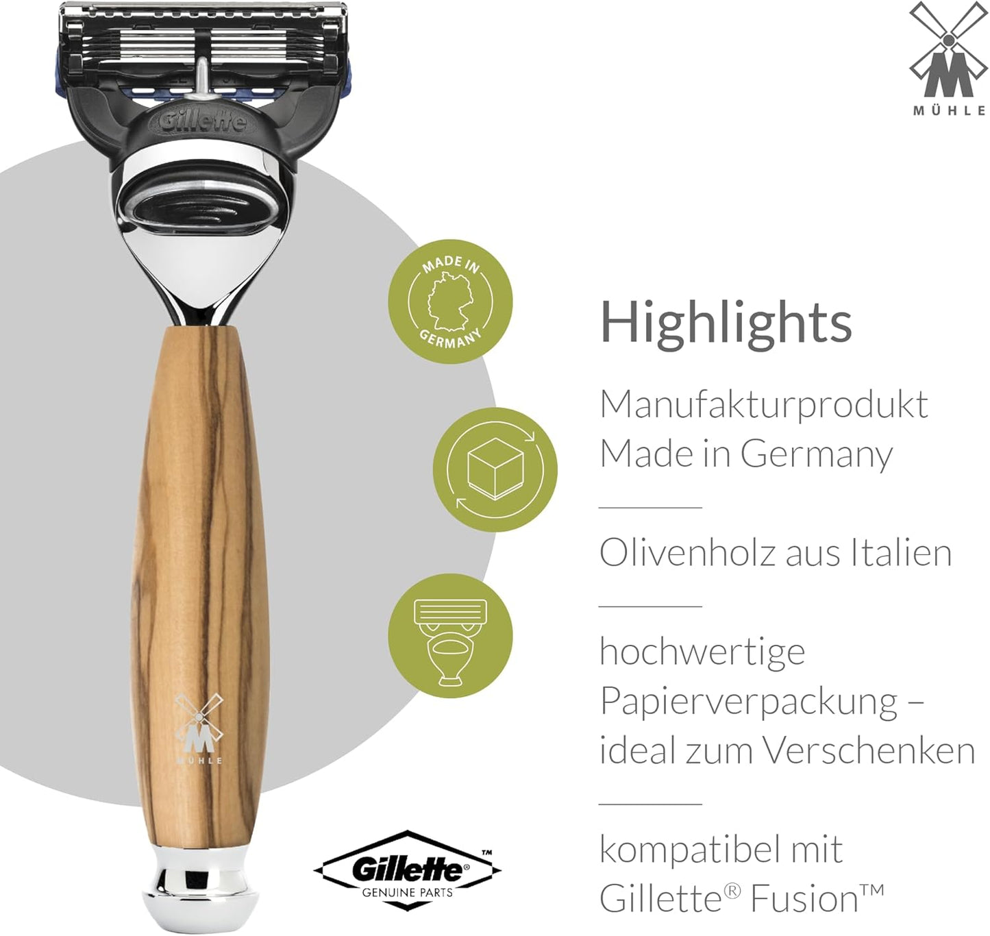 MÜHLE VIVO Olive Wood 4-Piece Pure Badger 5-Blade Razor Shaving Set