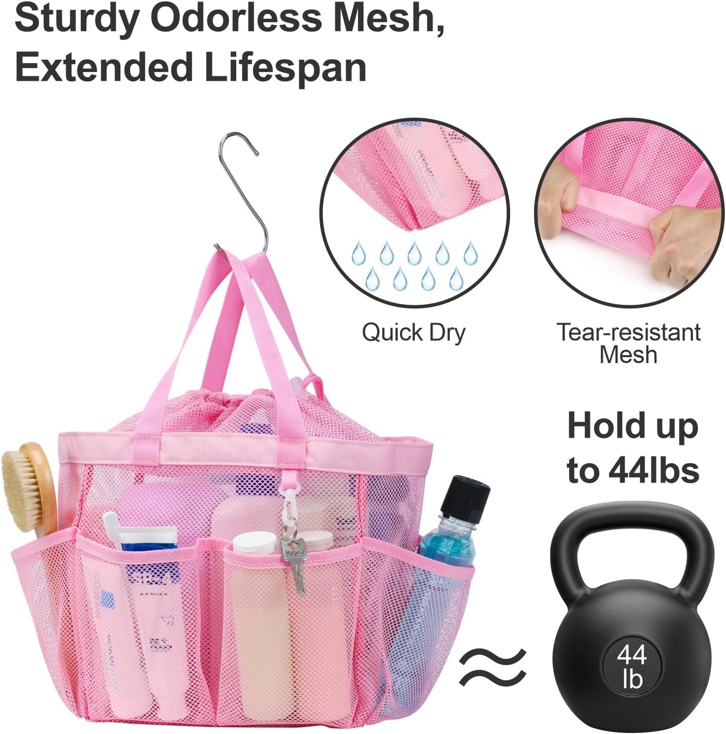 F-color Mesh Shower Caddy Portable with Drawstring - Upgrade Deeper 7 Pockets Dorm Room Essentials for Guys Girls with S Hook, Shower Bag Basket Tote for College Camping Bathroom, 2 Pack Pink
