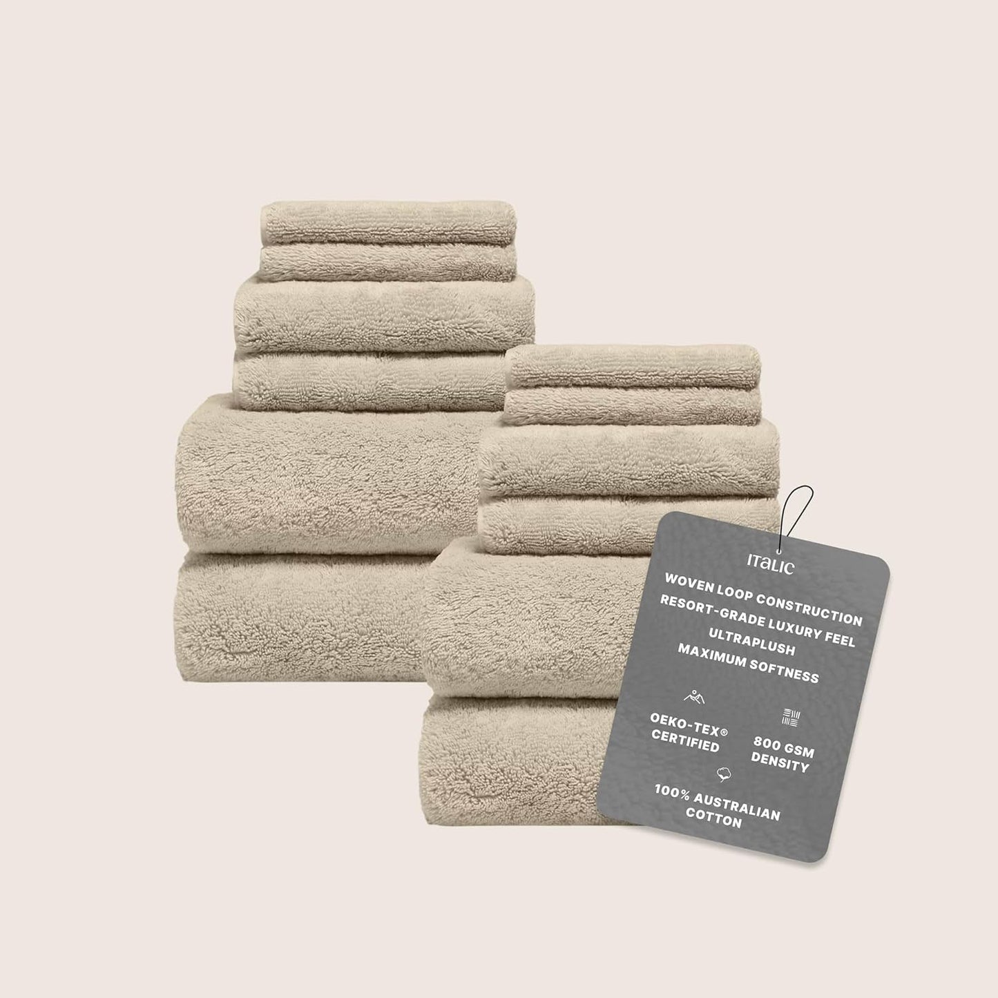 Italic Ultraplush 12-Piece Family Towel Set – Luxury Bath Towels, Hand Towels & Washcloths – 800GSM Quick Dry & Highly Absorbent 100% Australian Cotton for Bathroom & Spa (Sand)