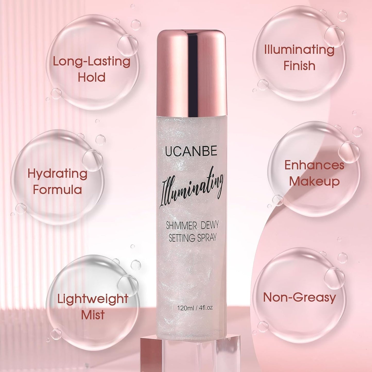 UCANBE Shimmer Dewy Setting Spray – Glowing + Makeup Setting Spray 2 in 1 Lightweight Formula for a Radiant Glow,Long-Lasting Face Mist for Face Body, 4 Fl Oz #Silver